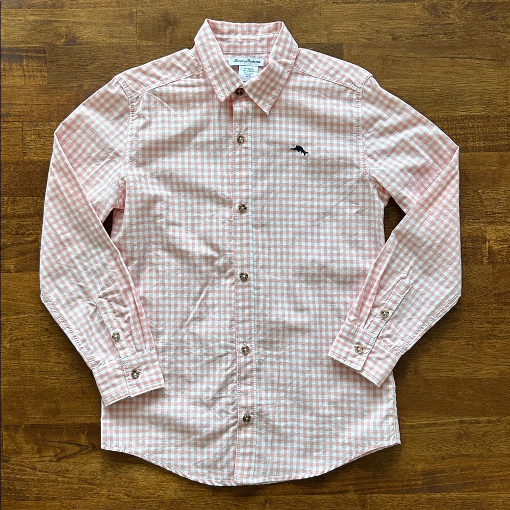 Tommy Bahama boys preppy Easter spring lite pink plaid dress shirt size Large